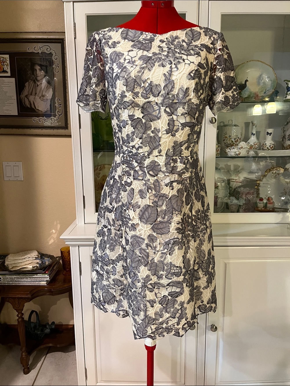 Tory Burch White Dress with Gray Floral Lace Overlay size 10